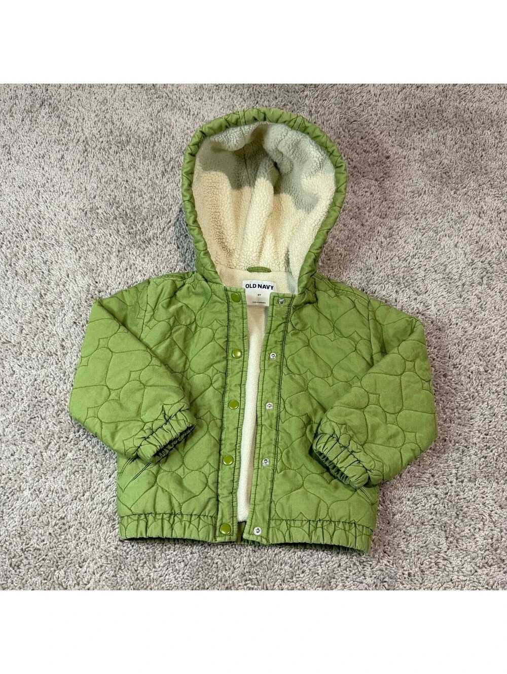 Old Navy 5T Green Quilted Hooded Jacket with Sherpa Lining